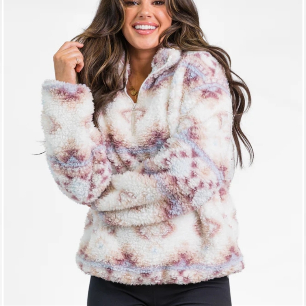 Western Print Sherpa Pullover, size:XL